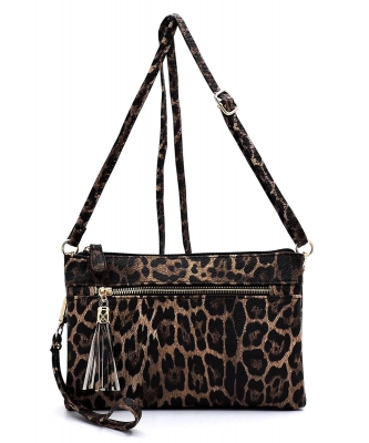Leopard Double Compartment Clutch Cross Body Bag LE021 BROWN